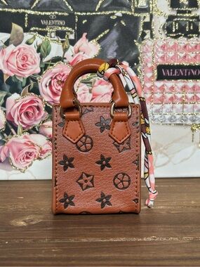 Brown Mini Top-Handle Bag with Printed Motif Keychain/Bag Charm